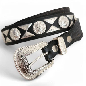 Nocona Concho Western Leather Belt Size 44 Longhorn Cow Bull Black Country Rodeo - Picture 1 of 14