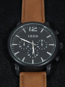Izod Mens Black Dial Round Case Brown Faux Leather Band Watch 8 Inch - Picture 1 of 8