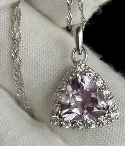 925 Sterling Silver Trillion Cut Amethyst Pendant Singapore Chain 18in Necklace - Picture 1 of 21