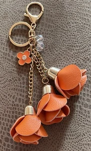 FLORAL ORANGE LEATHER ROSE TASSELS CRYSTAL GOLD FLOWER BAG PURSE CHARM KEY CHAIN - Picture 1 of 3