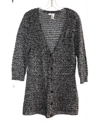 DKNY JEANS BLACK & WHITE MOTTLED V-NECK COTTON BLEND CARDIGAN SWEATER  Size L - Image 1 of 4