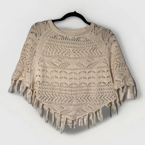 Garnet Hill Kids Poncho Cream Crochet Large Organic Cotton Boho Fringe Western - Picture 1 of 9