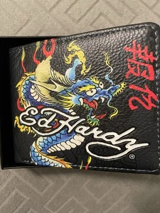Ed Hardy Men's Black Leather Wallet Dragon Tattoo Bifold with Leather Box Cover - Picture 1 of 4