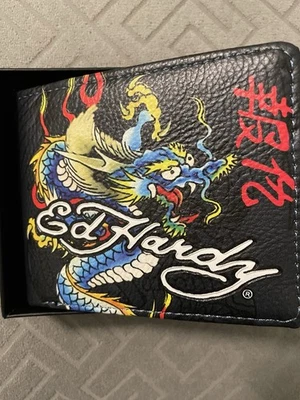 Ed Hardy Men's Black Leather Wallet Dragon Tattoo Bifold with Leather Box Cover - Image 1 of 4