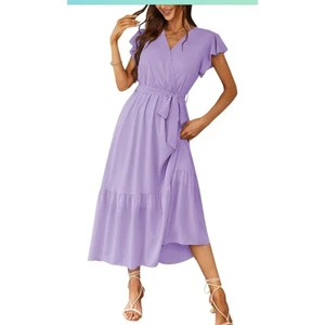 Women's Boho Dress Wrap V Neck Short Sleeve A-Line Maxi Wedding Guest - Picture 1 of 9