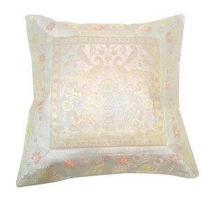 17x17 Inch Gray Cushion Covers Birds Animal Woven Zari Brocade Banarasi Silk - Picture 1 of 7