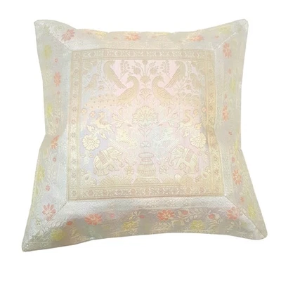 17x17 Inch Gray Cushion Covers Birds Animal Woven Zari Brocade Banarasi Silk - Image 1 of 4