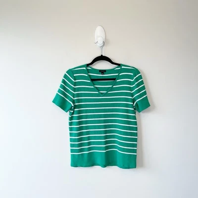 Top tejido manga corta Talbots elástico verde blanco rayas cuello en V preppy talla mediana Foto 1 de 4