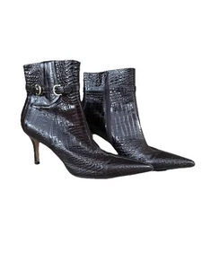ANN TAYLOR Women's Leather Croc Embossed Mid Calf Boots Size 8.5 Chic Stiletto  - Picture 1 of 7