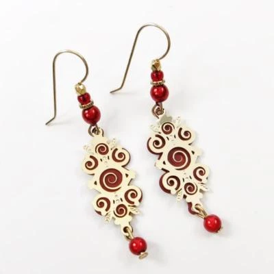 Adajio Earrings Dark Red Long Drop with Shiny Gold Plated Spiral Overlay 7865 - Image 1 of 3