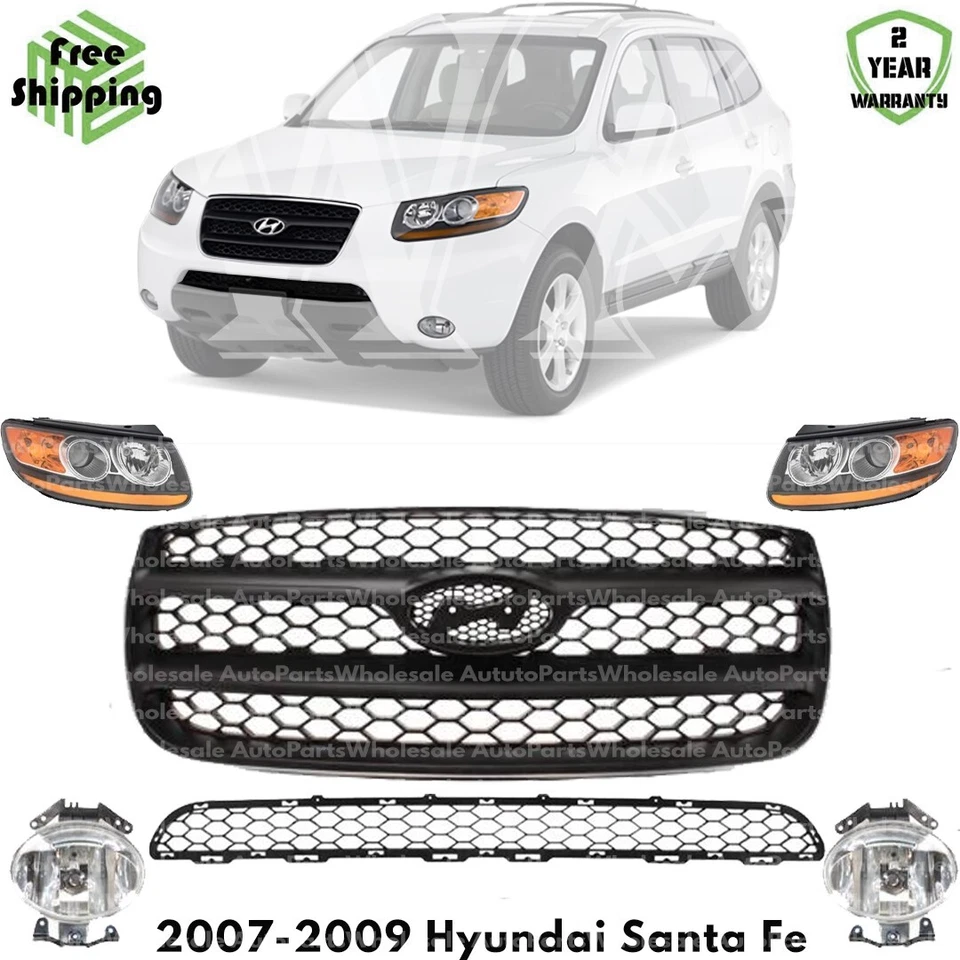 Front Grille Assembly & Headlight Assembly Kit For 2007-2009 Hyundai Santa Fe - Image 1 of 4