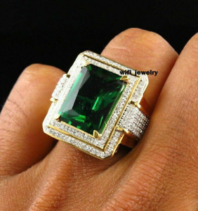Simulated Green Emerald/Diamond men's Classic Ring 14k Yellow Gold Plated Silver