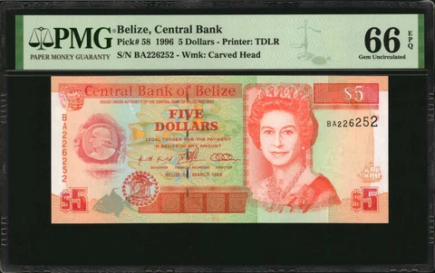 Belize Central Bank 2; 5 Dollars 1996-2007 PMG 65 & 66, Queen Elizabeth, 6 Notes Cover