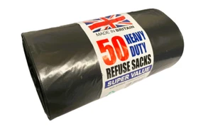 50 HEAVY DUTY STRONG BLACK REFUSE SACKS THICK RUBBISH BAGS BIN LINERS UK MADE - Picture 1 of 5