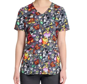 Disney Womens Size 3XL Halloween Mickey Mouse and Friends V-Neck Scrub Top - Picture 1 of 2