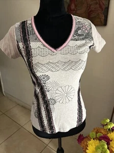 Vanilla Sugar VNTG Womens Top W/Lace & Bling~ Grey W/ Black Lace~Pink Trim Sz PS - Picture 1 of 24