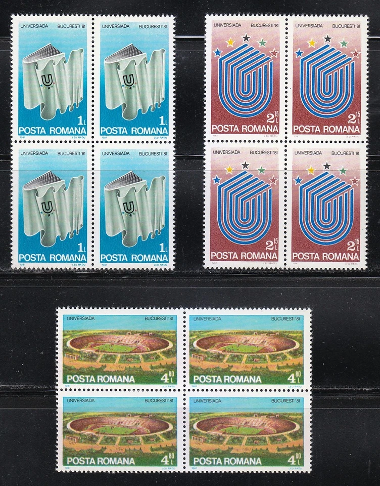 Romania 1981 MNH Mi 3807-3809 Sc 3015-3017 University ’81 Games / Blocks of 4 ** - Image 1 of 1