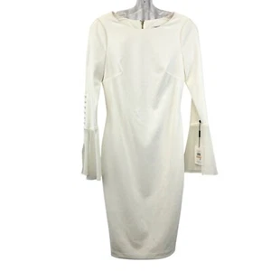 Calvin Klein Sheath Dress Long Flare Sleeve Knee Length Cream Zip Size 2 New - Picture 1 of 10