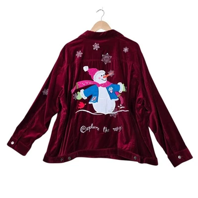 Quacker Factory Capture The Magic Velvet Jacket sz 3X Snowman Holiday Snowflakes - Image 1 of 4