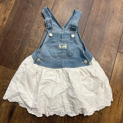 Osh Kosh B'Gosh Toddler Girl Blue Jean White Eyelet Bib Overall Dress Size 2T - Image 1 of 4