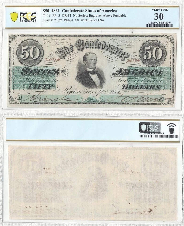1861 $50 Confederate Note T-16 PCGS-30 - Image 1 of 1