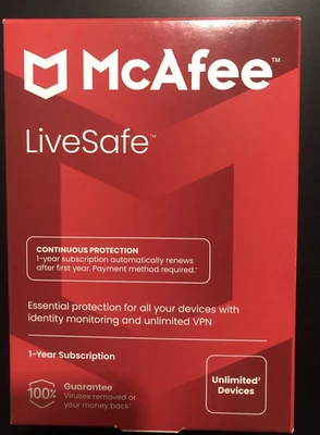 McAfee LiveSafe 2026 Dispositivos ilimitados Antivirus Internet 1 año. NUEVO EN CAJA Foto 1 de 3