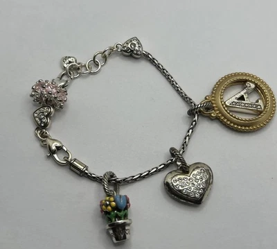 Pulsera Brighton Charm Placa Plata Corazón y Flores y Estrás Rosa Foto 1 de 4