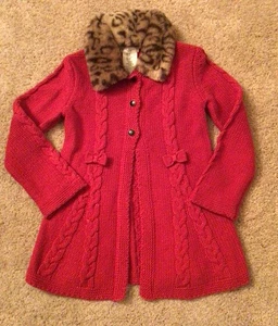 Max Studio Cardigan Sweater Girls 4T Red Sparkle Leopard Faux Fur Collar - Picture 1 of 4
