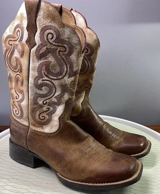 Bota de cowgirl Ariat feminina Quickdraw 11" marrom e marfim desgastada ocidental tamanho 9B - Imagem 1 de 4