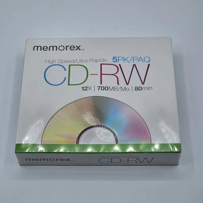 NEW SEALED MEMOREX HIGH SPEED CD-RW 5 PACK 12X 700MB 80 MIN REWRITABLE  - Image 1 of 4