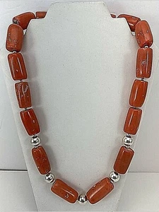 Sterling Silver .925 ~ 18mm x 38mm Elongated Coral Beaded 28" Necklace - Picture 1 of 11