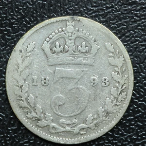 1893 Great Britain 3 Pence Threepence Silver Coin - KM# 777 - Picture 1 of 2