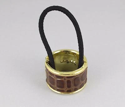Dark Brown ponytail holder cuff faux leather gator hinged gold hair tie genie - Image 1 of 4
