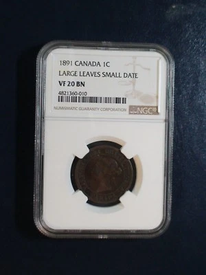1891 Canada LARGE Cent NGC VF20 BN LARGE LEAVES SMALL DATE 1C Coin BUY IT NOW! - Image 1 of 4