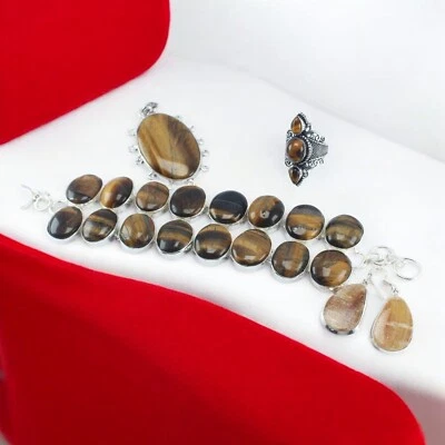 Conjunto de joyas de plata hechas a mano ojo de tigre colgante anillo pulsera collar y anillo Foto 1 de 4