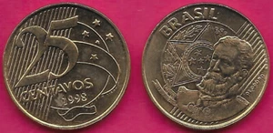 BRAZIL 25 CENTAVOS 1998 UNC DEODORO BUST RIGHT,NATIONAL ARMS AT LEFT,DENOMINATIO - Picture 1 of 1