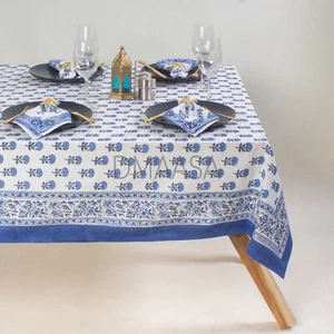 Indian Block Print 100% Cotton Blue Floral Tablecloth Rectangle With Napkin - Picture 1 of 5