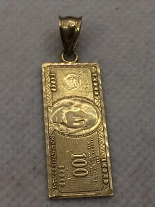 Solid 10K Yellow Gold One Hundred Dollar Bill Charm Pendant 1.8gr (38mm x 1.8mm) - Picture 1 of 12