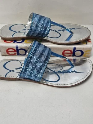 Sandalias Jessica Simpson para mujer talla 6 azul brillante tanga cuero planas superiores Foto 1 de 4