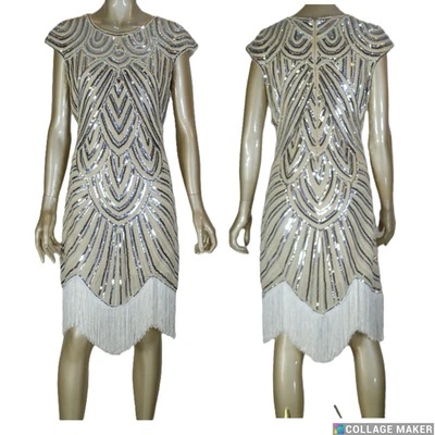 VESTIDO FLAPPER~CUENTAS DE MARFIL-FLECOS-PERLAS CON LENTEJUELAS PLATEADAS VESTIDO DE DISFRAZ TALLA:12 Foto 1 de 4