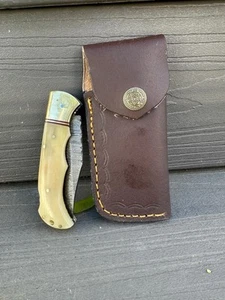 Custom Handmade Damascus Steel Folding Blade Pocket Knife - Camel Bone & Brass - Picture 1 of 5