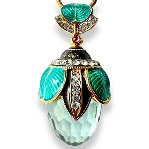 Sterling Aquamarine Enamel Faberge Egg Pendant Swarovski Cristals Garnet Gold - Picture 1 of 9