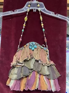 Borsa a mano vintage Mary Frances tono terra tessuto seta pietre turchesi perline livelli - Foto 1 di 3