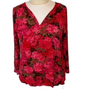 J. Jill Women's XL Blouse Red Roses Print Sweetheart Neckline Long Sleeve - Picture 1 of 15