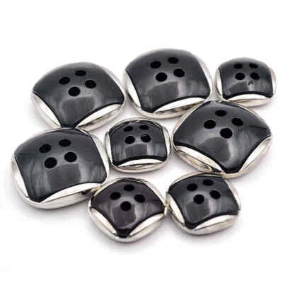 SILVER RIM BLACK SQUARE 4 HOLE BUTTONS 18mm and 25.5mm - Image 1 of 2