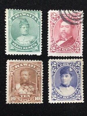 HAWAII - 1883-1886, 1891 Likelike Kalakaua Liliuokalani Lote de 4 estampillas hawaianas Foto 1 de 4