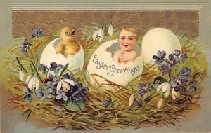 AK: Ostergrüße, Küken und Baby schlüpfen aus Eiern, DB 1910er Jahre - Bild 1 von 2