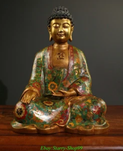 12" Old Chinese Cloisonne Enamel Bronze Gilt Shakyamuni Amitabha Buddha Statue - Picture 1 of 9
