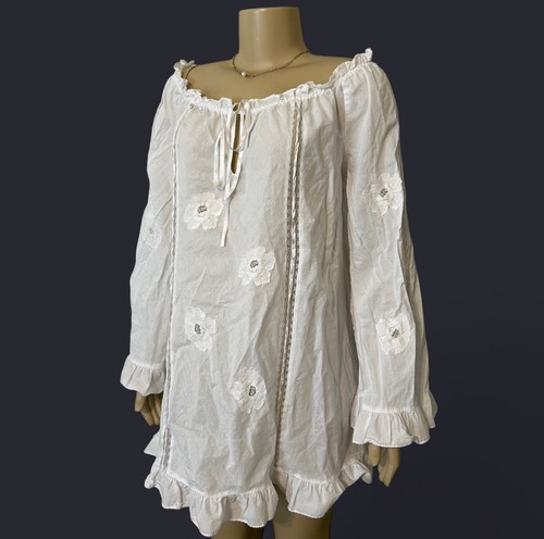 UNDERCOVER Mini abito Victoria's Secret bianco con occhielli ricamati spalle scoperte taglia L boho