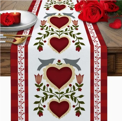 TABLE RUNNER-Dutch Folk Art Style Heart and Flower Red Striped Table Runner - Imagem 1 de 4